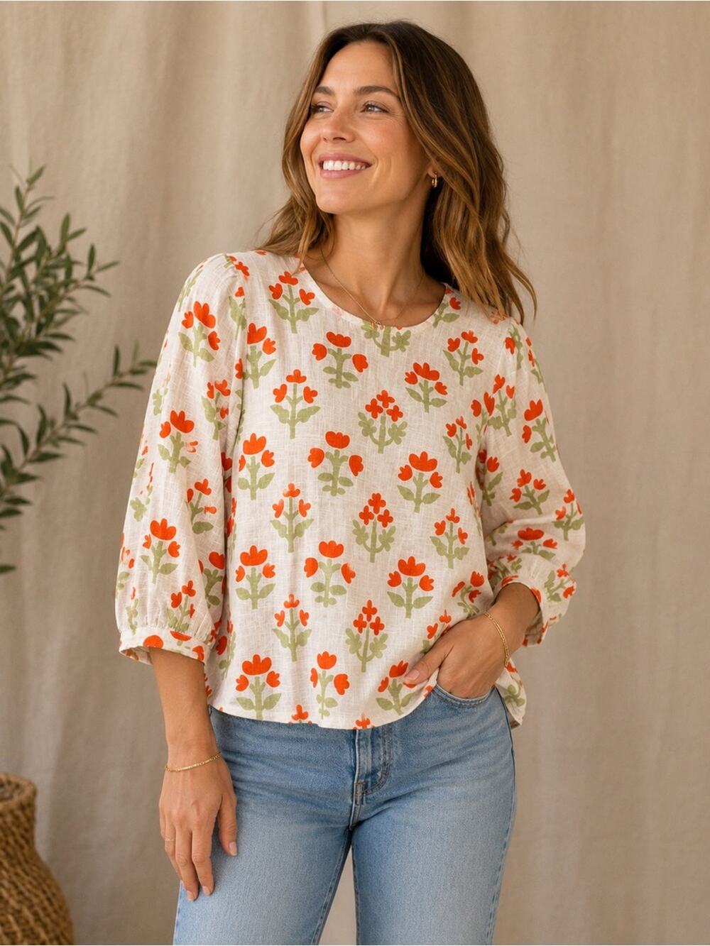 Compañia Fantastica Puff-Sleeve Blouse in Cream with Orange Flower Print